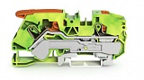 2-проводные клеммы с заземлением; с рычагом и нажимной кнопкой; 16 мм²; с тестовым портом; боковая и центральная маркировка; для DIN-рейки 35 x 15 и 35 x 7,5; Push-in CAGE CLAMP®; 16,00 mm²; зеленые-желто