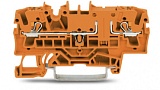 2-conductor through terminal block; with push-button; 2.5 mm²; with test option; same profile as 2-conductor disconnect terminal block; side and center marking; for DIN-rail 35 x 15 and 35 x 7.5; Push-in CAGE CLAMP®; 2,50 mm²; orange