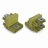 Ч-образный распределительный соединитель; 4-пол.; Код. B; 1 вход; 2 вывода; выходы на стороне; 3 фиксирующих рычага; для тонких проволочных выводов; светло-зеленые