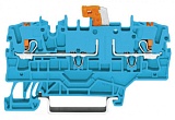 2-conductor disconnect/test terminal block; with push-button; with additional jumper position; orange disconnect link; for DIN-rail 35 x 15 and 35 x 7.5; 2.5 mm²; Push-in CAGE CLAMP®; 2,50 mm²; blue