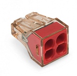 Соединитель PUSH WIRE® для распределительных коробок; для одножильных проводников; макс. 4 мм²; 4-проводн.; коричневый прозрачный корпус; красная крышка; макс. рабочая темп. окр. среды 60 °C; 2,50 mm²; многоцветные