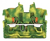 2-проводные миниатюрные проходные клеммы; с нажимной кнопкой; 1 мм²; с тестовым портом; боковая и центральная маркировка; Средние клеммы без монтажной защёлкивающейся ножки и фланцев; Push-in CAGE CLAMP®; 1,00 mm²; зеленые-желто