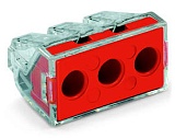 Соединитель PUSH WIRE® для распределительных коробок; для одно- и многожильных проводников; макс. 6 мм²; 3-проводн.; прозрачный корпус; красная крышка; макс. рабочая темп. окр. среды 60 °C; 6,00 mm²; многоцветные