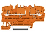 2-conductor disconnect/test terminal block; with push-button; with additional jumper position; orange disconnect link; for DIN-rail 35 x 15 and 35 x 7.5; 2.5 mm²; Push-in CAGE CLAMP®; 2,50 mm²; orange