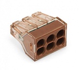Соединитель PUSH WIRE® для распределительных коробок; для одножильных проводников; макс. 4 мм²; 6-проводн.; коричневый прозрачный корпус; коричневая крышка; макс. рабочая темп. окр. среды 60 °C; 2,50 mm²